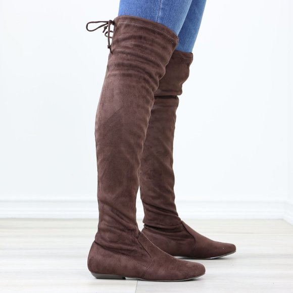 Brown Thigh High Over The Knee Flat Boots Faux Suede - Picture 5 of 13